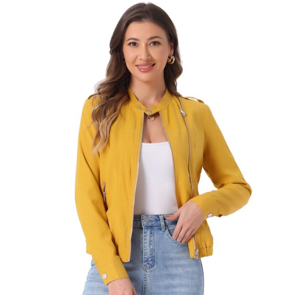 Lightweight Casual Stand Collar Pocket Short Biker Moto Jacket Yellow